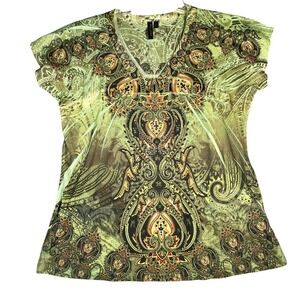 Susan Lawrence Petite Psychedelic Paisley Print Short Sleeve V Neck Top PL